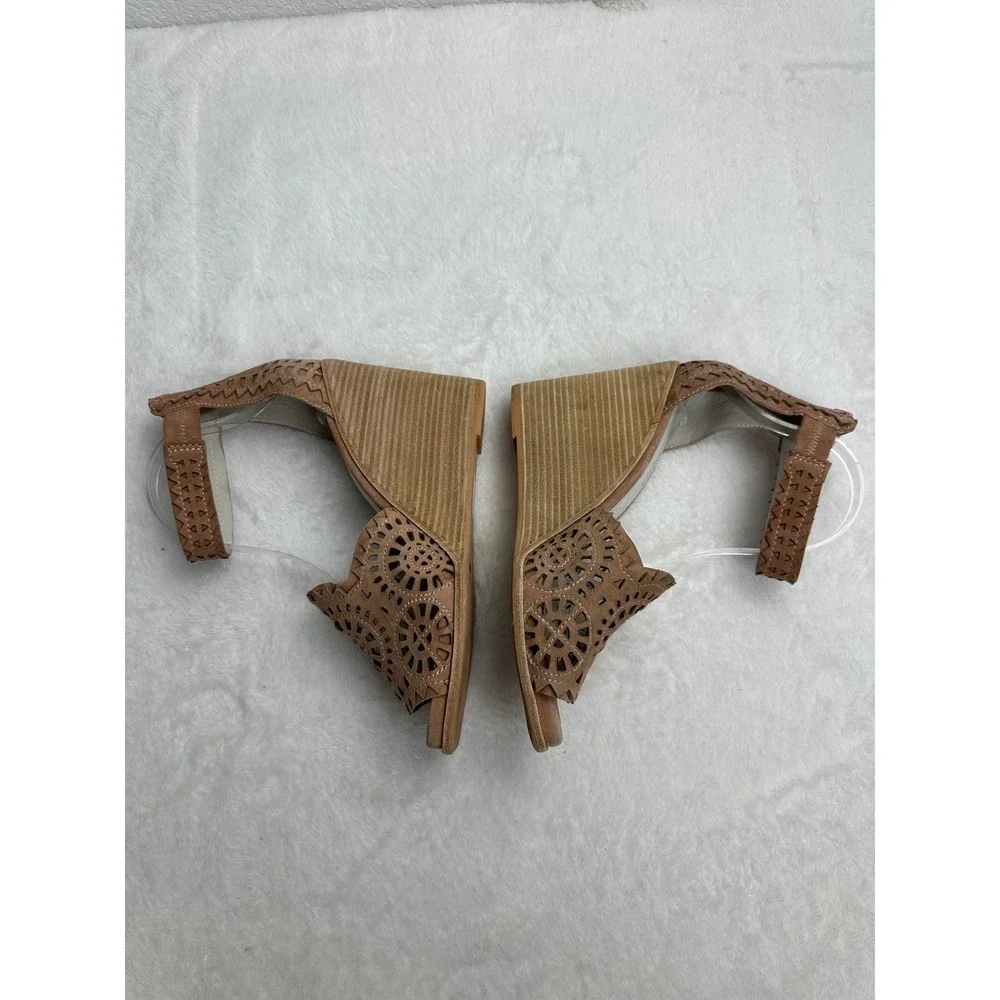 Jeffrey Campbell Tan Suede Laser Cut‎ Wedge Sandals Ankle Strap Brown Size 9.5